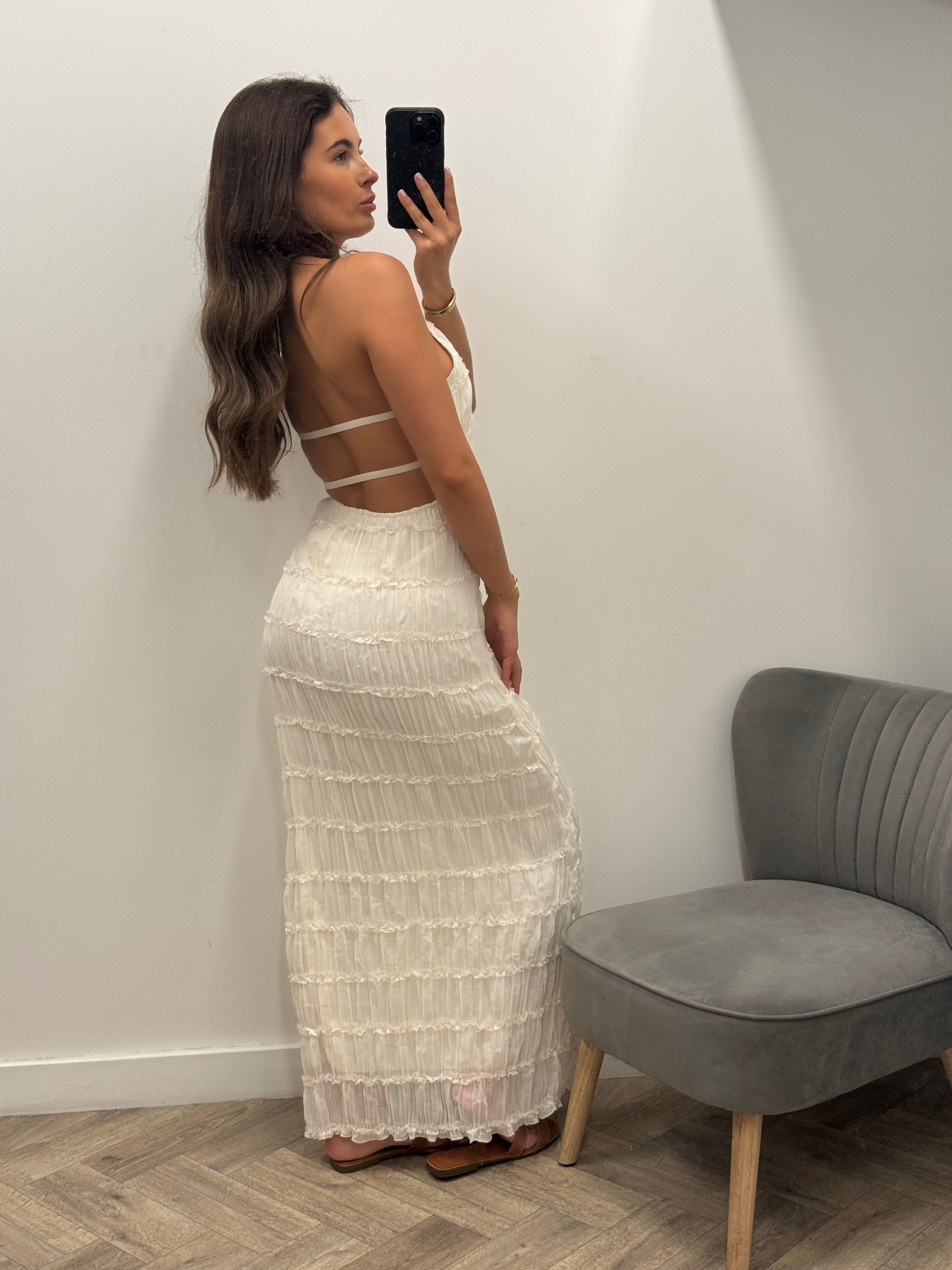 Shirred cream maxi dress